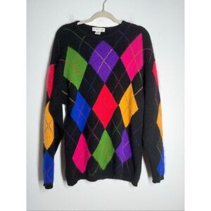 VTG Casual Corner Womens Argyle Sweater Sz XL Lambwool Angora Rabbit Hair Bland